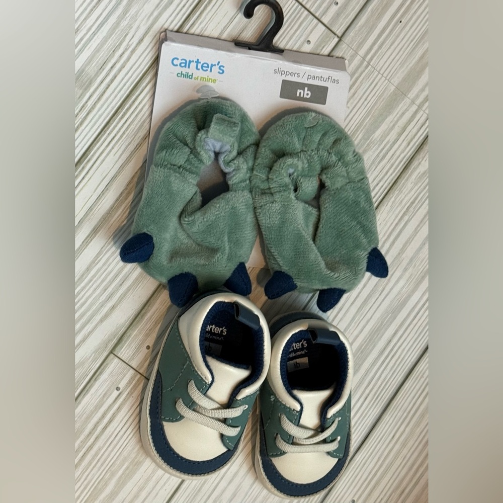 Carter’s Child Of Mine Newborn Colorblock Sneakers + Dinosaur Slippers Bundle